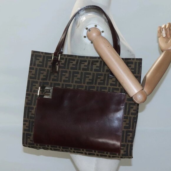 FENDI Zucca Canvas Tote Bag Brown Black Auth